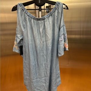 Blue Off-Shoulder Dress with Floral Sleeves